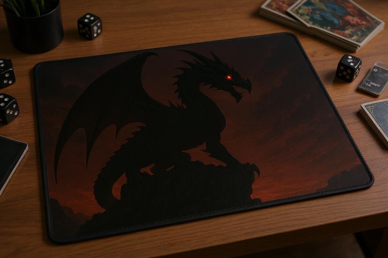 Custom gaming playmat design featuring a dragon in fantasy style featuring red and black colors creating a dramatic atmosp...
