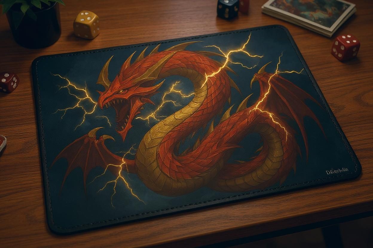 Custom gaming playmat design featuring a dragon in fantasy style featuring red and gold colors creating a dramatic atmosph...