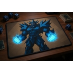 Custom gaming playmat design featuring artwork inspired by 'Obelisk the Tormentor in intim...' in abstract style with blue...