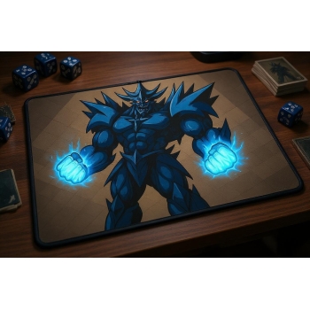 Custom gaming playmat design featuring artwork inspired by 'Obelisk the Tormentor in intim...' in abstract style with blue...