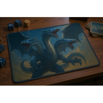Custom gaming playmat design featuring a creature with dragon in fantasy style featuring blue and white colors creating a ...