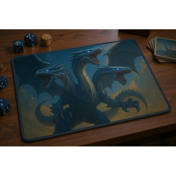 Custom gaming playmat design featuring a creature with dragon in fantasy style featuring blue and white colors creating a ...