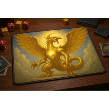 Custom gaming playmat design featuring a dragon in fantasy style with gold tones creating a ethereal atmosphere optimized ...