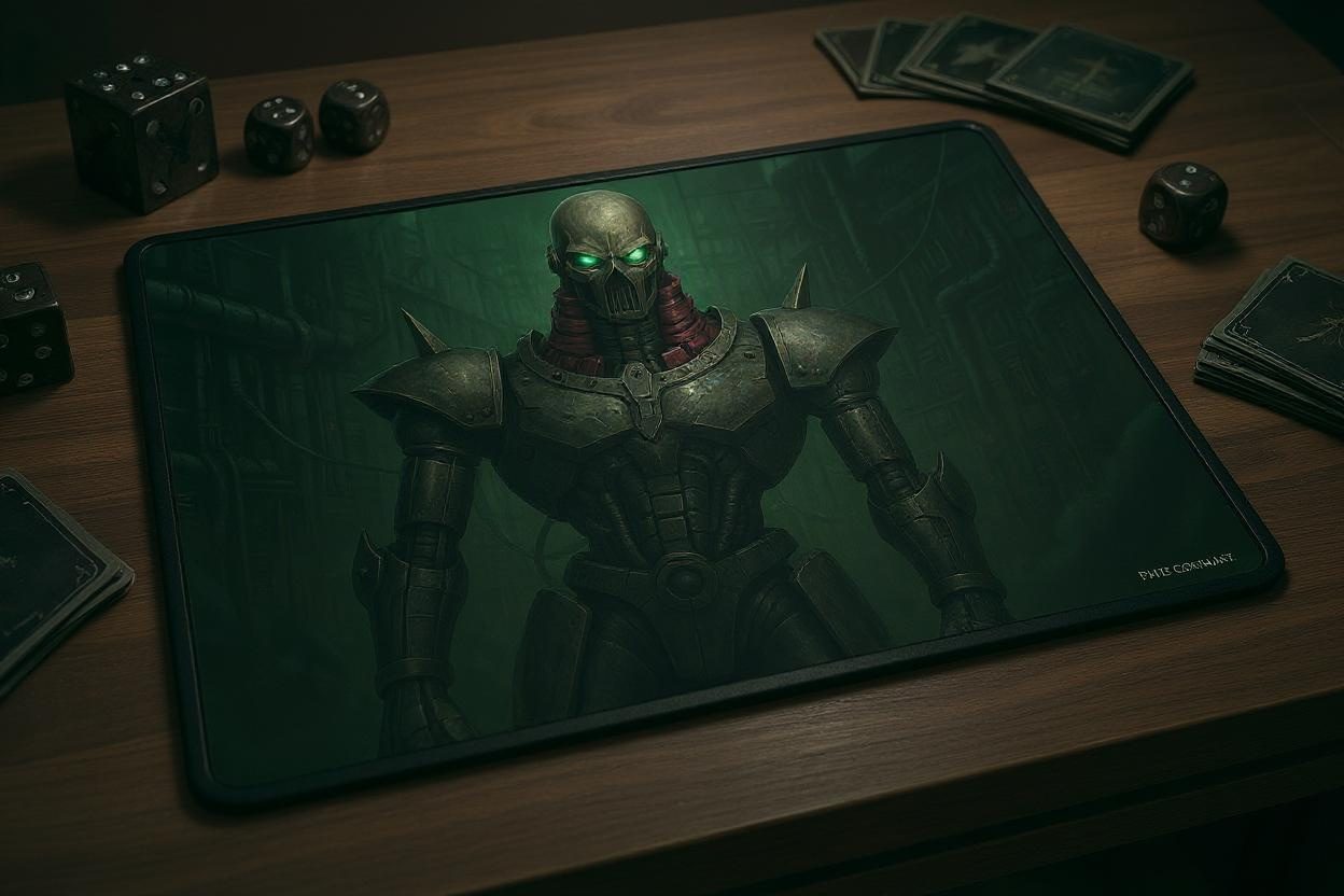 Custom gaming playmat design featuring artwork inspired by 'Jinzo standing menacingly, met...' with green tones optimized ...