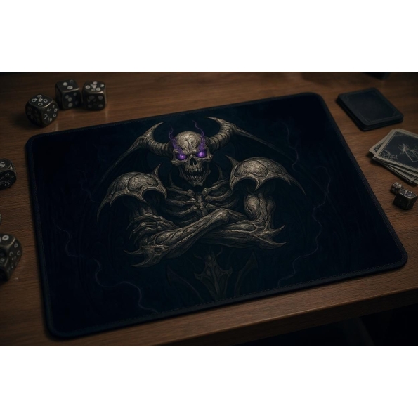 Custom gaming playmat design featuring a armor in dark style with purple tones optimized for landscape format created by B...