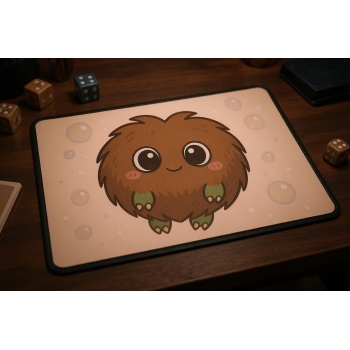 Custom gaming playmat design featuring artwork inspired by 'Kuriboh floating cutely, brown...' in abstract style creating ...