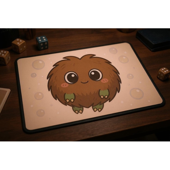 Custom gaming playmat design featuring artwork inspired by 'Kuriboh floating cutely, brown...' in abstract style creating ...