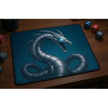 Custom gaming playmat design featuring a armor with dragon in sci-fi style featuring blue and silver colors optimized for ...