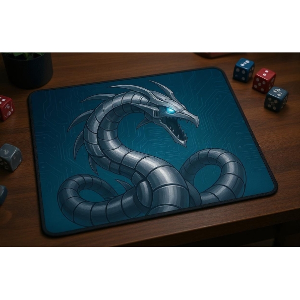 Custom gaming playmat design featuring a armor with dragon in sci-fi style featuring blue and silver colors optimized for ...