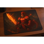 Custom gaming playmat design featuring a sword with armor, warrior in nature style featuring red and orange colors creatin...