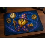 Custom gaming playmat design featuring a staff with wizard, magic in fantasy style with purple tones creating a ethereal a...