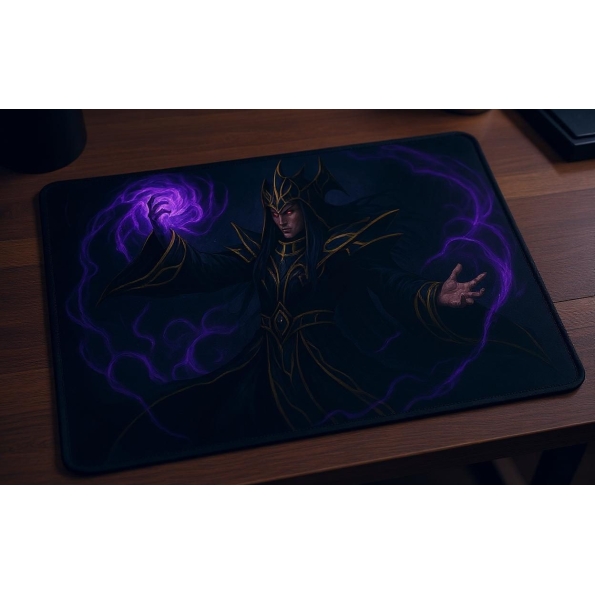 Custom gaming playmat design featuring artwork inspired by 'Magician of Black Chaos in dra...' in fantasy style featuring ...