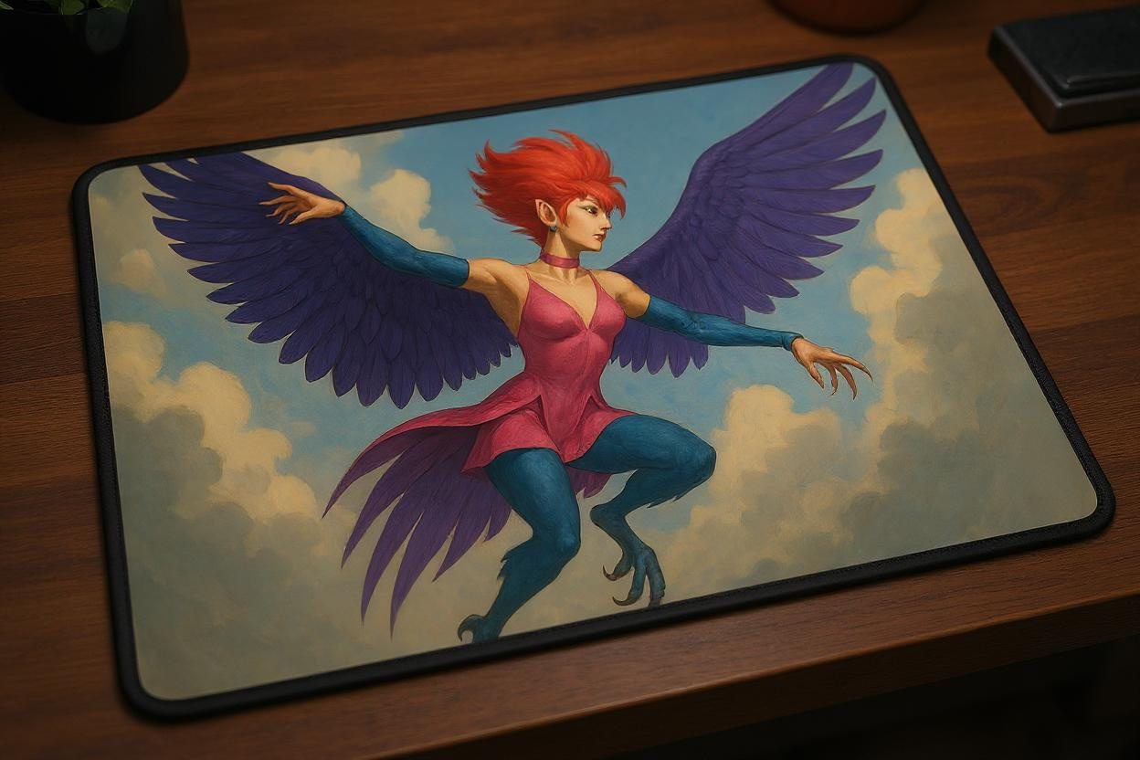 Custom gaming playmat design featuring a creature in animal style featuring red and purple colors optimized for landscape ...