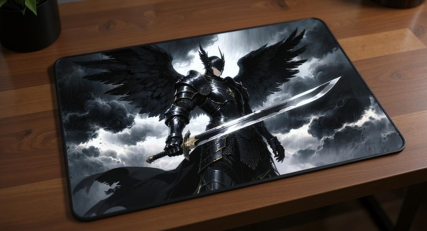 Custom gaming playmat design featuring a armor with warrior in dark style featuring red and black colors creating a dramat...