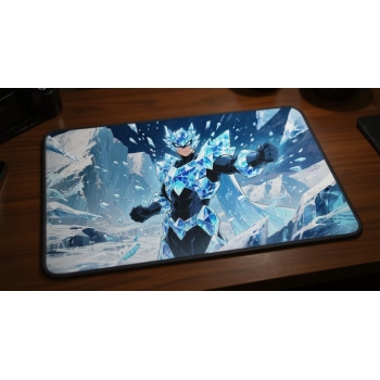 Custom gaming playmat design featuring a armor with ice in abstract style with blue tones creating a epic atmosphere optim...
