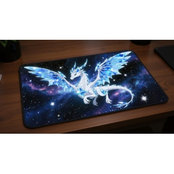 Custom gaming playmat design featuring a dragon in fantasy style featuring blue and white colors creating a dramatic atmos...