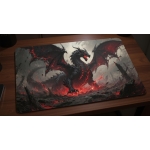 Custom gaming playmat design featuring a dragon in fantasy style featuring red and black colors creating a dramatic atmosp...