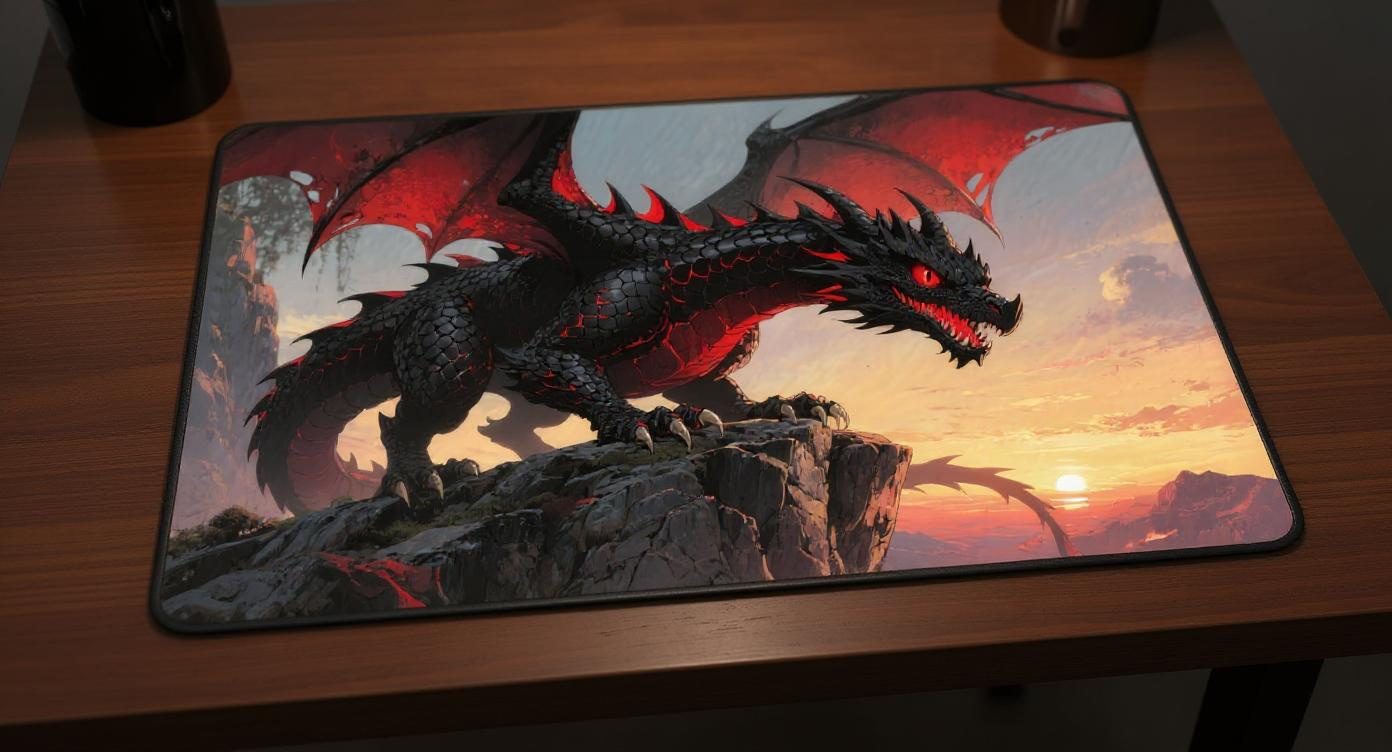 Custom gaming playmat design featuring a dragon in dark style featuring red and black colors creating a dramatic atmospher...