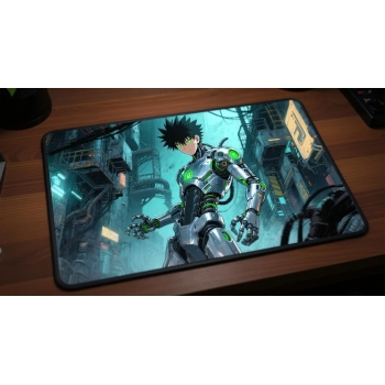 Custom gaming playmat design featuring artwork inspired by 'A dynamic shonen manga style a...' in sci-fi style with green ...
