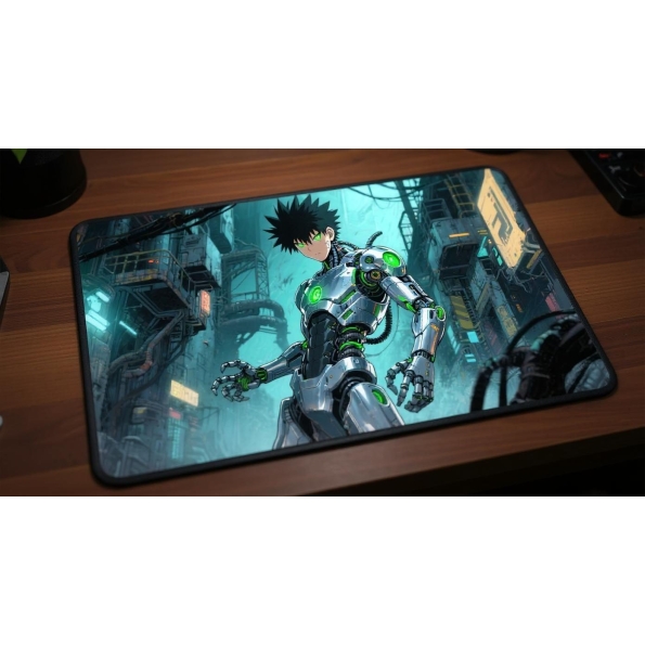 Custom gaming playmat design featuring artwork inspired by 'A dynamic shonen manga style a...' in sci-fi style with green ...