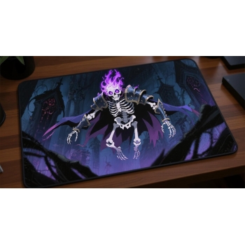 Custom gaming playmat design featuring a warrior with armor in dark style with purple tones optimized for landscape format...