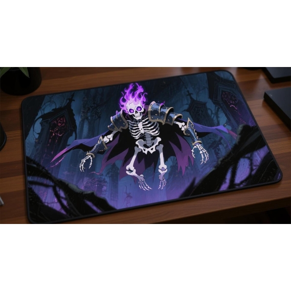 Custom gaming playmat design featuring a warrior with armor in dark style with purple tones optimized for landscape format...