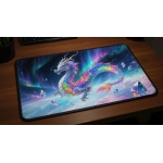 Custom gaming playmat design featuring a dragon in fantasy style creating a ethereal atmosphere optimized for landscape fo...