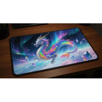 Custom gaming playmat design featuring a dragon in fantasy style creating a ethereal atmosphere optimized for landscape fo...