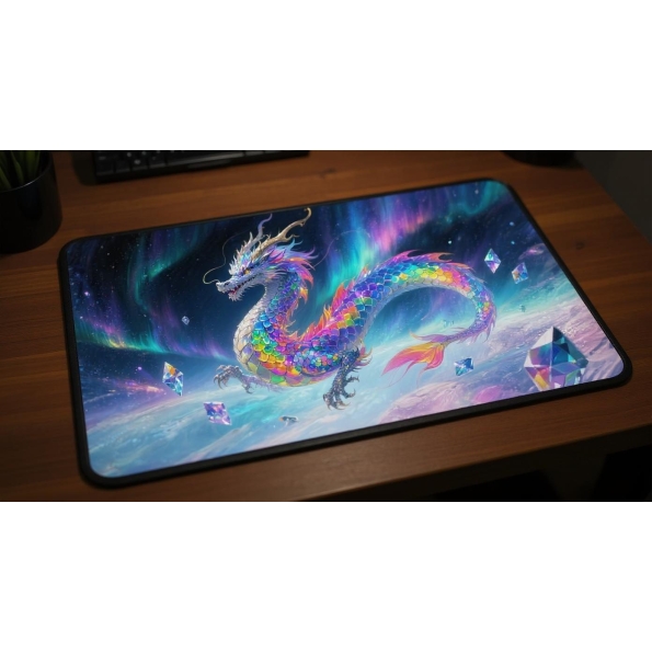 Custom gaming playmat design featuring a dragon in fantasy style creating a ethereal atmosphere optimized for landscape fo...