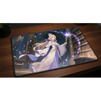 Custom gaming playmat design featuring a mage with staff in fantasy style creating a ethereal atmosphere optimized for lan...