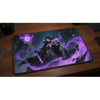 Custom gaming playmat design featuring a mage with warrior, staff in fantasy style featuring red and purple colors creatin...