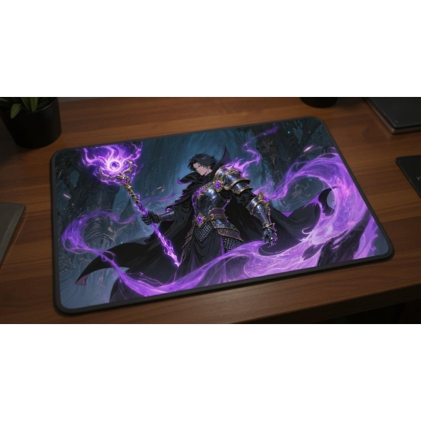 Custom gaming playmat design featuring a mage with warrior, staff in fantasy style featuring red and purple colors creatin...