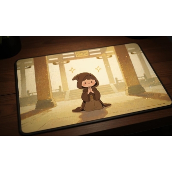 Custom gaming playmat design featuring artwork inspired by 'A cute magical illustration in...' in fantasy style with gold ...