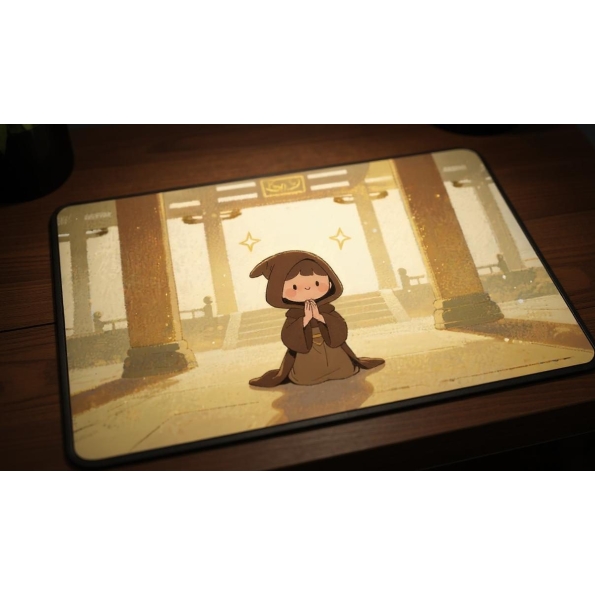 Custom gaming playmat design featuring artwork inspired by 'A cute magical illustration in...' in fantasy style with gold ...