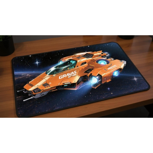 Custom gaming playmat design featuring artwork inspired by 'A futuristic mecha artwork in ...' in sci-fi style with orange...