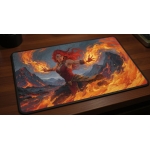 Custom gaming playmat design featuring a magic with fire in fantasy style featuring red and orange colors creating a drama...