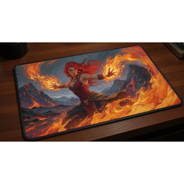Custom gaming playmat design featuring a magic with fire in fantasy style featuring red and orange colors creating a drama...