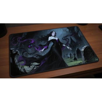 Custom gaming playmat design featuring a magic in dark style featuring purple and black colors optimized for landscape for...