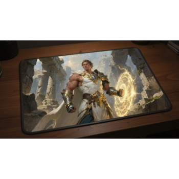 Custom gaming playmat design featuring a magic with warrior, armor in fantasy style featuring white and gold colors creati...