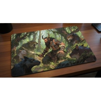 Custom gaming playmat design featuring a beast with forest in nature style with green tones optimized for landscape format...