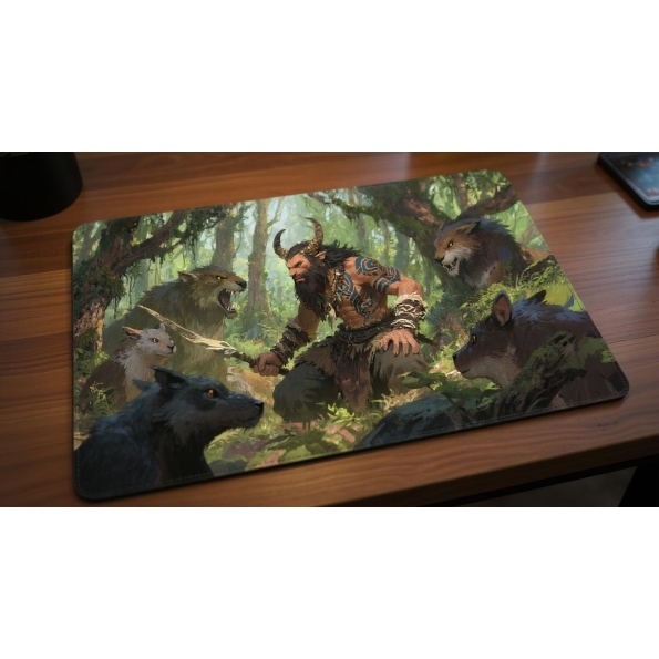Custom gaming playmat design featuring a beast with forest in nature style with green tones optimized for landscape format...