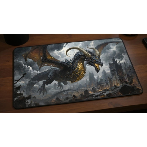 Custom gaming playmat design featuring a dragon in fantasy style with gold tones creating a epic atmosphere optimized for ...