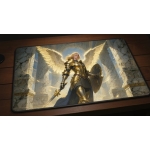 Custom gaming playmat design featuring a creature with armor, knight in fantasy style featuring red and gold colors creati...