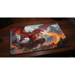 Custom gaming playmat design featuring a fire with dragon in nature style featuring red and orange colors creating a drama...