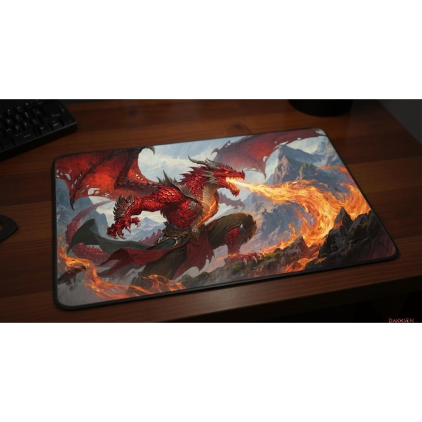 Custom gaming playmat design featuring a fire with dragon in nature style featuring red and orange colors creating a drama...
