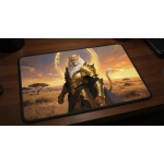 Custom gaming playmat design featuring a armor in nature style featuring white and gold colors optimized for landscape for...