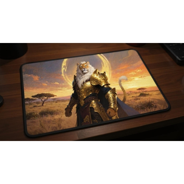 Custom gaming playmat design featuring a armor in nature style featuring white and gold colors optimized for landscape for...