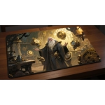 Custom gaming playmat design featuring a mage in animal style featuring white and gold colors optimized for landscape form...