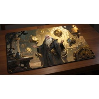 Custom gaming playmat design featuring a mage in animal style featuring white and gold colors optimized for landscape form...