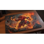 Custom gaming playmat design featuring a warrior in colorful style featuring red and orange colors creating a dramatic atm...